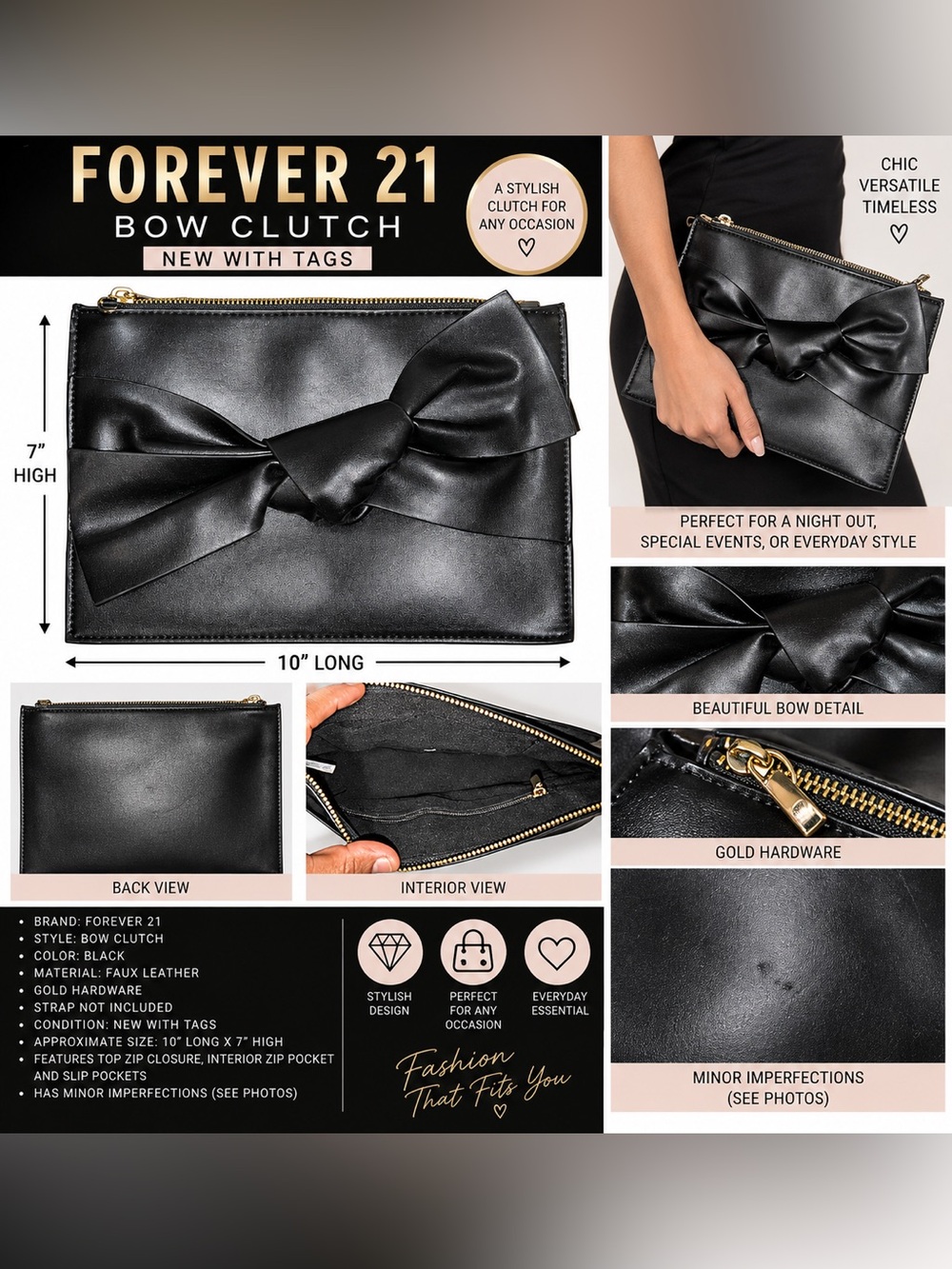 FOREVER 21 FAUX LEATHER BOW CLUTCH –  BLACK (NEW WITH TAGS) A30